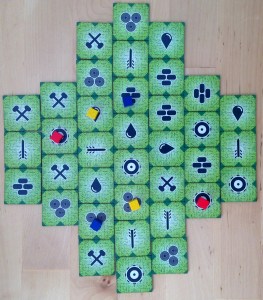 Board set up for three players. Players have just selected starting positions and the first player can begin.